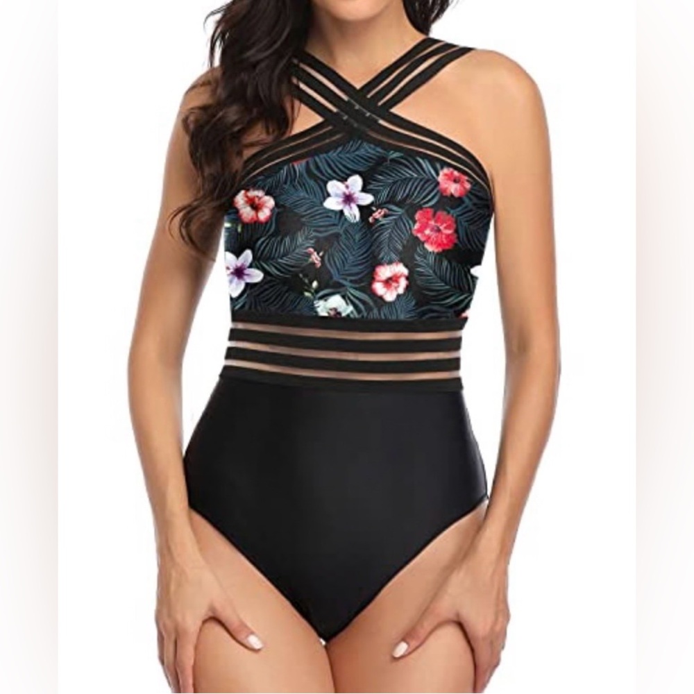 Yonique Tummy Control Mesh Panel One Piece Front Crossover Swimwear